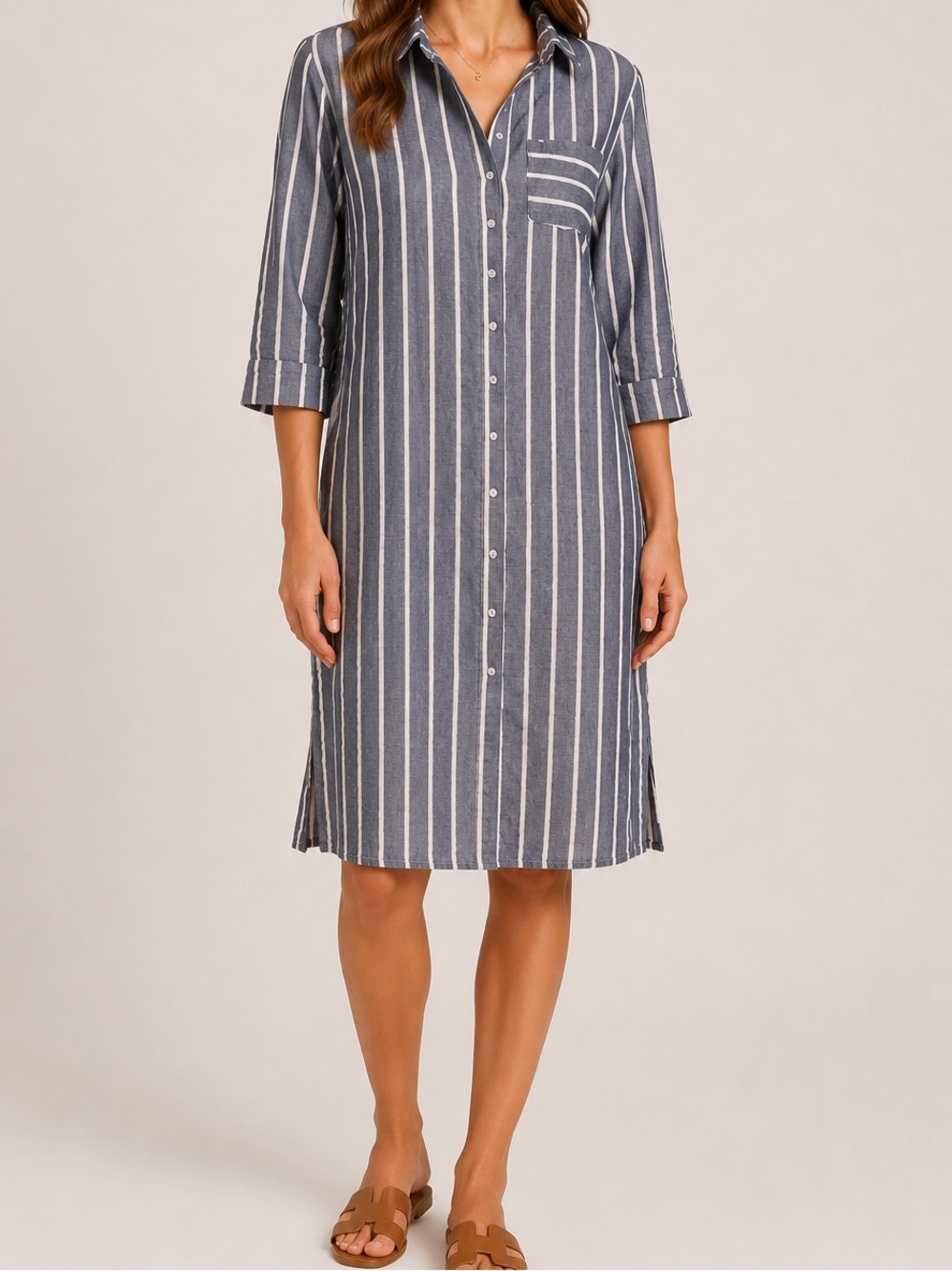 Striped Shirt Dress Midi Button Down 3/4 Sleeve Coastal Size M